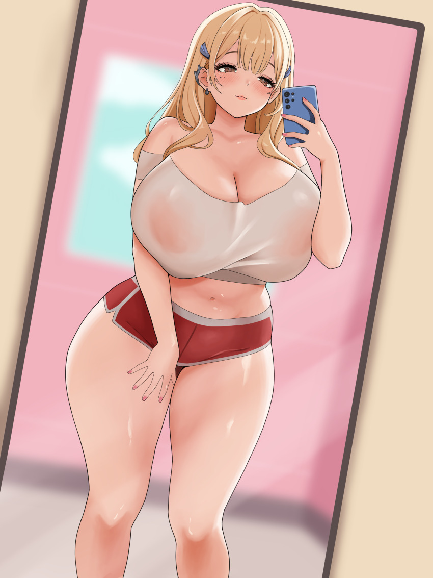 1girl, absurdres, bidulite, blonde_hair, blush, breasts, brown_eyes, cowboy_shot, curvy, goddess_of_victory:_nikke, highres, holding, holding_phone, huge_breasts, indoors, long_hair, mirror, mirror_selfie, mole, mole_under_eye, nail_polish, navel, official_alternate_costume, phone, pink_nails, red_shorts, selfie, shirt, shorts, solo, thick_thighs, thighs, tia_(nikke), tia_(sweet_chef)_(nikke), white_shirt