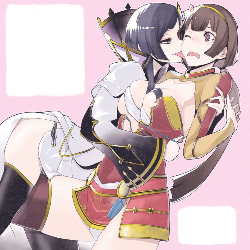 2girls, @_@, aya_(sengoku_musou), black_thighhighs, breasts, character_request, highres, ii_naotora_(sengoku_musou)