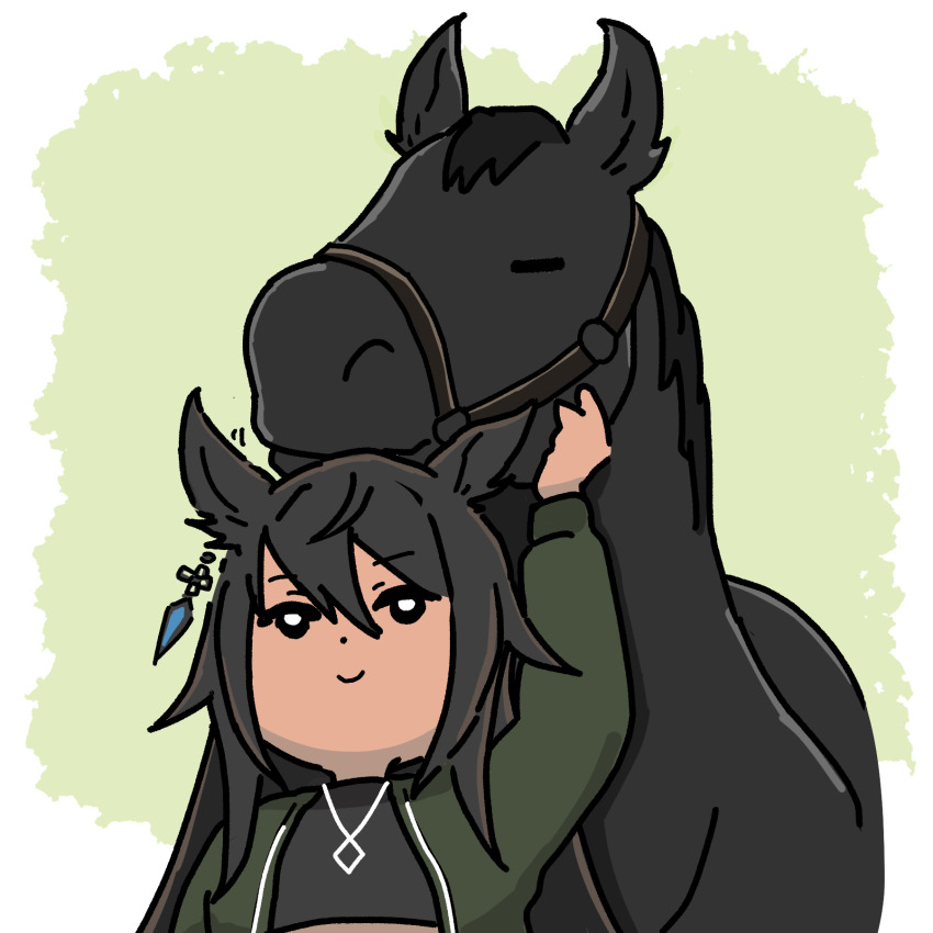 1girl, animal_ear_fluff, animal_ears, black_hair, black_tank_top, bridle, commentary_request, creature_and_personification, dark-skinned_female, dark_skin, earrings, green_background, hair_between_eyes, highres, horse, horse_ears, horse_girl, jewelry, long_hair, motion_lines, necklace, nuzzle, personification, real_life, sidelocks, single_earring, symboli_kris_s_(racehorse), symboli_kris_s_(umamusume), takadano_paka, tank_top, umamusume