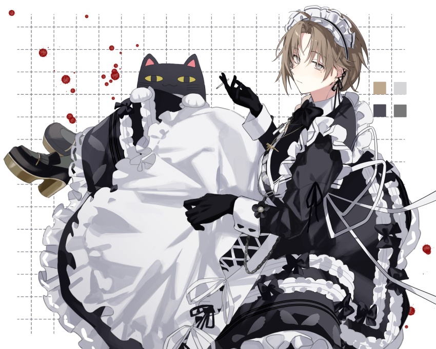 1boy, absurdres, black_gloves, blood, brown_hair, cigarette, closed_mouth, cococall