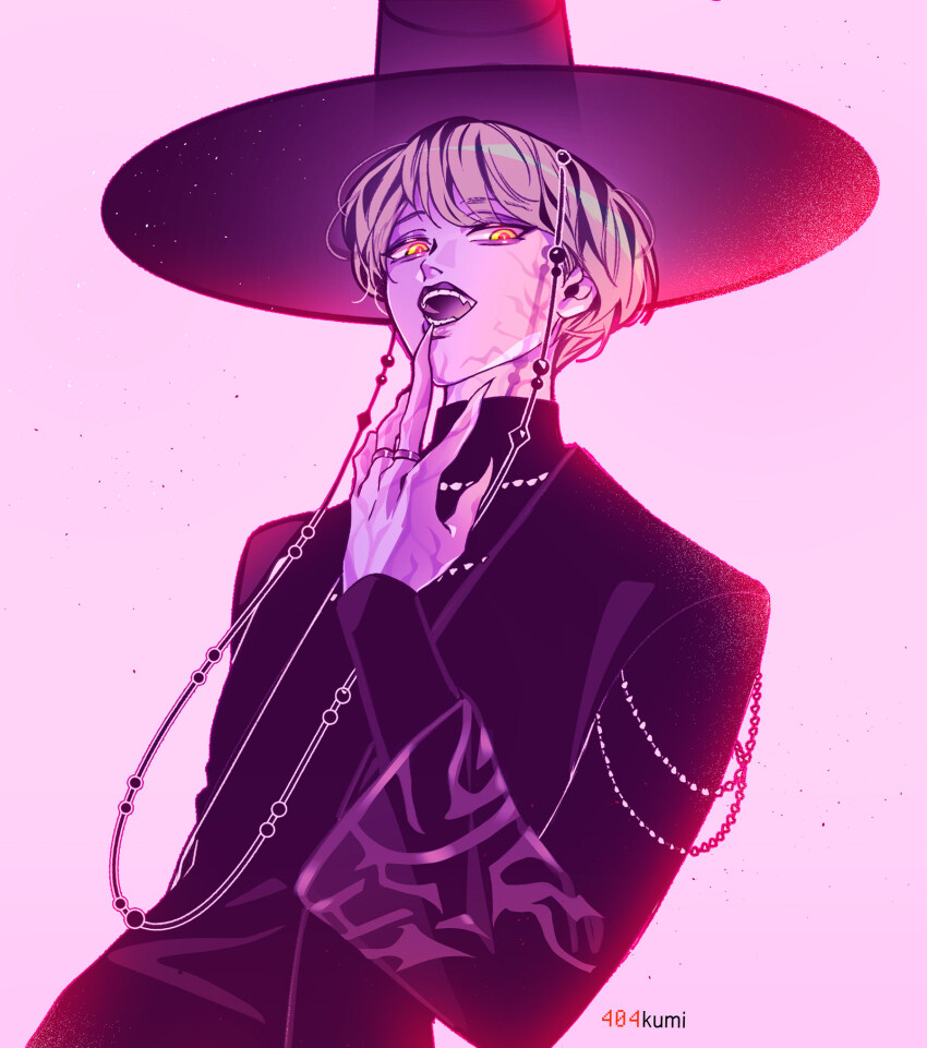 1boy, 404kumi, baby_(kpop_demon_hunters), black_sleeves, blonde_hair, demon, eyes_visible_through_hair, fangs