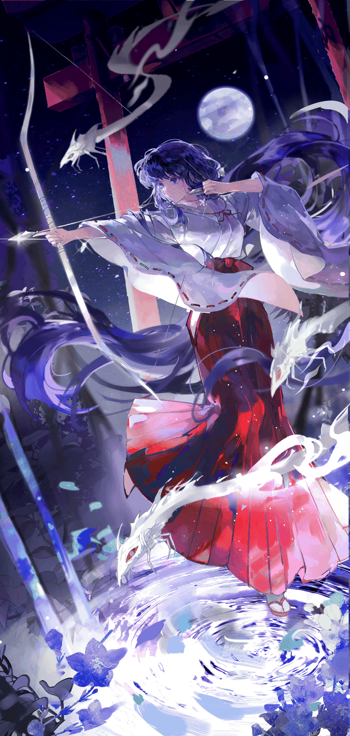 1girl, animated, animated_gif, bellflower, blunt_bangs, bow_(weapon), chinese_bellflower, chinese_commentary, closed_mouth, colyba, dragon, drawing_bow, eastern_dragon, expressionless, flower, flower_necklace, full_body, full_moon, hakama, hakama_skirt, highres, holding, holding_bow_(weapon), holding_weapon, inuyasha, japanese_clothes, jewelry, kikyou_(inuyasha), kimono, long_hair, long_sleeves, looking_to_the_side, low_ponytail, miko, moon, necklace, night, outdoors, ponytail, purple_eyes, purple_flower, purple_hair, red_hakama, ribbon-trimmed_sleeves, ribbon_trim, ripples, sandals, shinidamachuu, sidelocks, skirt, sky, small_dragon, socks, solo, spirit, standing, standing_on_liquid, standing_on_one_leg, star_(sky), starry_sky, tabi, torii, very_long_hair, watermark, weapon, weibo_watermark, white_kimono, white_socks, wide_sleeves, zouri