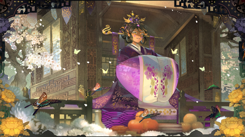 1girl, bandal, brown_eyes, bug, butterfly, caramel_arrow_cookie, caramel_arrow_cookie_(oathkeeper's_hwarot), cherry_blossoms