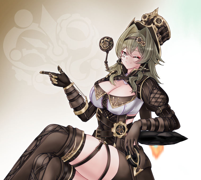 1girl, ;), absurdres, boots, breasts, brown_boots, brown_corset, brown_gloves, brown_shorts, cleavage, commentary, corset, crossed_legs, english_commentary, gloves, hair_intakes, hat, highres, honkai_(series), honkai_impact_3rd, large_breasts, looking_at_viewer, mea_(manami030), medium_hair, one_eye_closed, shorts, signet_of_helix, smile, solo, thighs, top_hat, vill-v