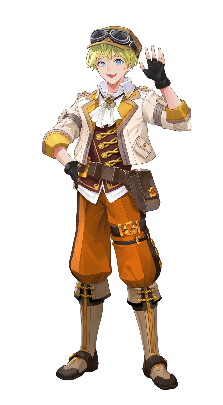 1boy, :d, absurdres, artist_request, ascot, belt, belt_pouch, black_gloves