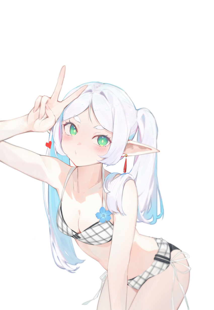 1girl, absurdres, bikini, earrings, elf, frieren, gravity-q, green_eyes