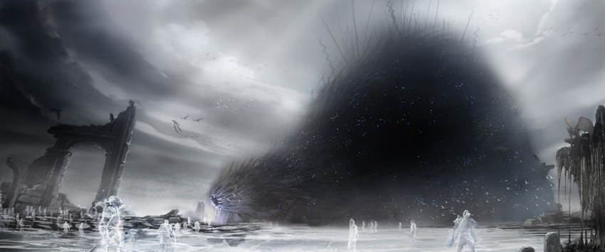 armor, bird, cloud, cloudy_sky, demon's_souls, eldritch_abomination, gargoyle, helmet