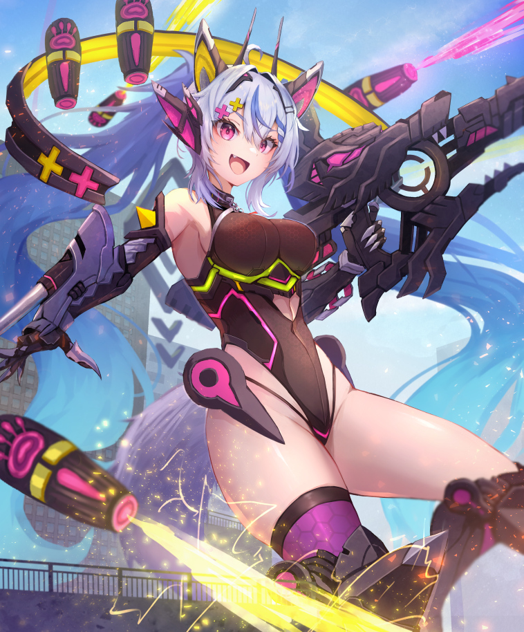 1girl, :d, animal_ears, bare_shoulders, black_leotard, blue_hair, breasts, building, clothing_cutout, commission, cutout_above_navel, varise, fake_animal_ears, fang, gauntlets, giant, giantess, grey_hair, gun, hair_ornament, hairclip, headgear, highleg, highleg_leotard, holding, holding_gun, holding_weapon, large_breasts, leotard, long_hair, looking_at_viewer, mecha_musume, mechanical_ears, navel_cutout, nerou_vivi, open_mouth, outdoors, pink_eyes, rou_senka, science_fiction, single_thighhigh, skeb_commission, smile, solo, star_(symbol), star_hair_ornament, tail, thighhighs, twintails, very_long_hair, virtual_youtuber, weapon, wolf_tail