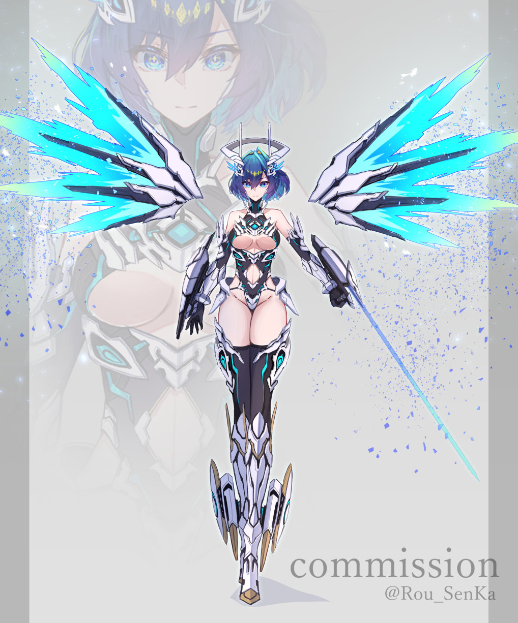 1girl, armor, armored_boots, bare_shoulders, black_thighhighs, blue_eyes, blue_hair, boots