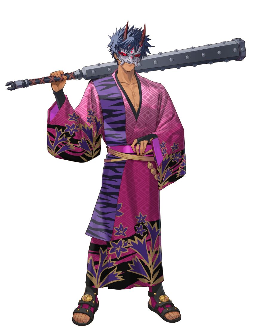 1boy, absurdres, artist_request, black_hair, club_(weapon), dark-skinned_male, dark_skin, full_body