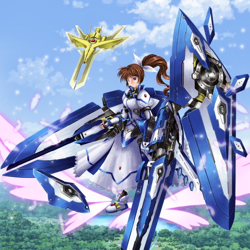 00s, 1girl, armor, blue_eyes, brown_hair, fortress_(nanoha), gadowiiru, hair_ribbon, highres, long_hair, lyrical_nanoha, magical_girl, mahou_senki_lyrical_nanoha_force, mahou_shoujo_lyrical_nanoha, mecha_musume, raising_heart, raising_heart_(standalone_flight_mode), ribbon, shoes, side_ponytail, strike_cannon, takamachi_nanoha, very_long_hair, weapon, winged_footwear, wings