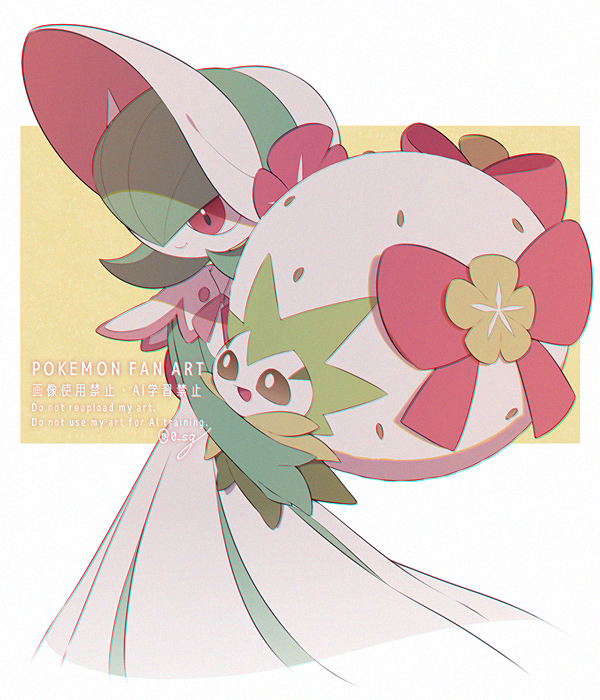 artist_name, bob_cut, bonnet, bow, colored_skin, dress, eldegoss, eldegoss_(fashionable)