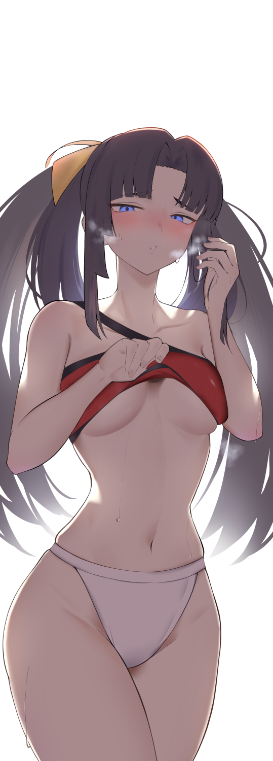 1girl, bare_shoulders, bikini, black_hair, blue_eyes, blush, breasts, fate/grand_order