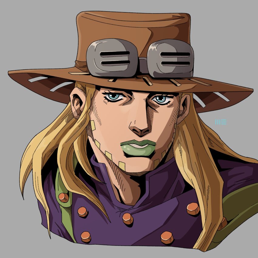 1boy, araki_hirohiko_(style), beard, bishounen, blonde_hair, blue_eyes, brown_hat, commentary