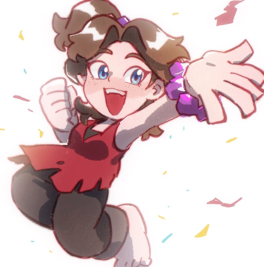 1girl, acidity_lattice, barefoot, black_pants, blue_eyes, bracelet, brown_hair, donkey_kong_(series), donkey_kong_bananza, highres, jewelry, looking_at_viewer, nintendo, open_mouth, pants, pauline_(nintendo), pauline_(young)_(nintendo), red_shirt, shirt, solo, teeth, upper_teeth_only