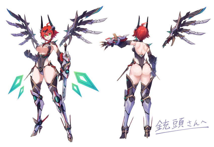 1girl, ahoge, armored_boots, ass, boots, breasts, cleavage, clenched_hand