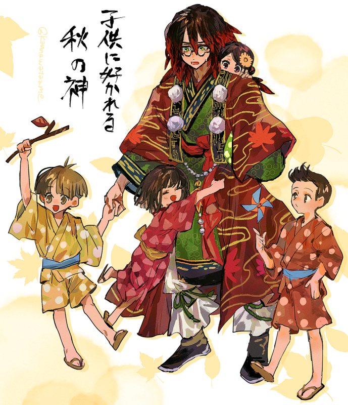 2girls, 3boys, :d, autumn_leaves, black_boots, black_hair, boots, branch