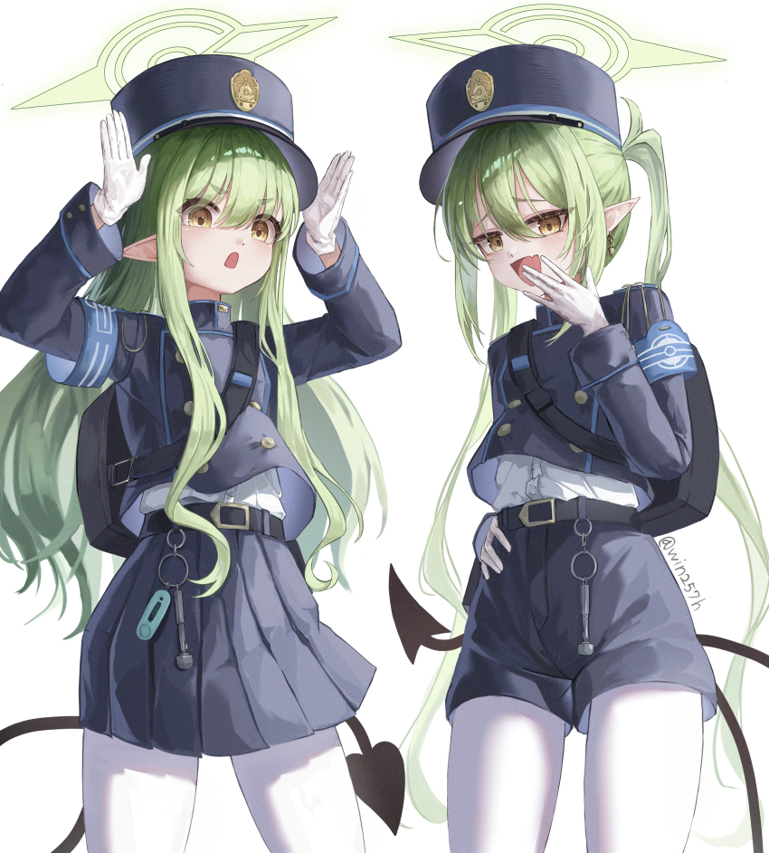 2girls, absurdres, armband, belt, black_tail, blue_archive, blue_armband, blue_shorts