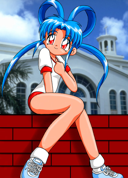 1990s_(style), 1girl, blue_footwear, blue_hair, brick_wall, building, buruma, cloud