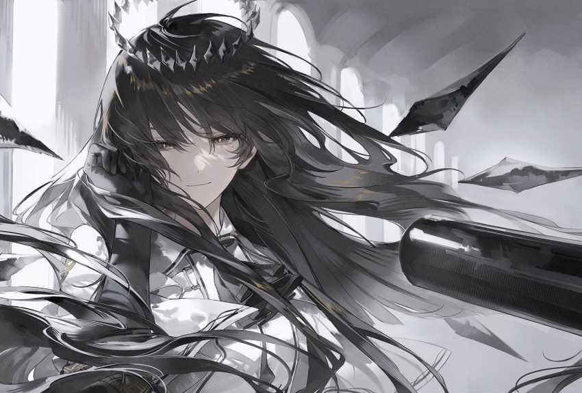 1girl, arknights, ascot, black_ascot, black_gloves, black_hair, close-up, closed_mouth