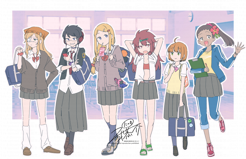 6+girls, :d, absurdres, alchemist_(sekaiju), alchemist_2_(sekaiju), arms_behind_head, bag, bard_(sekaiju)