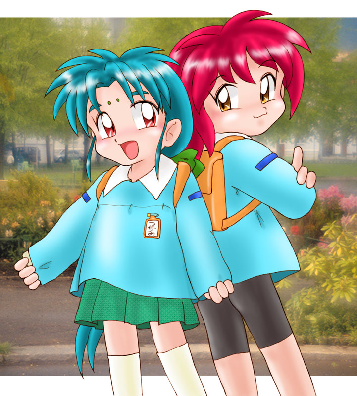1990s_(style), 2girls, backpack, bag, bike_shorts, blue_hair, child, kindergarten_uniform