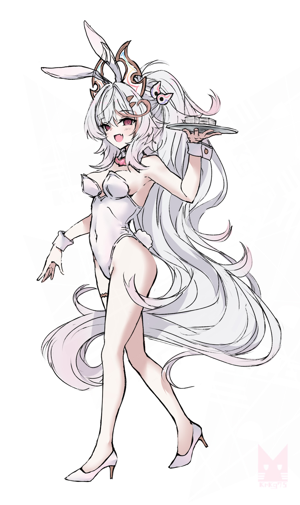 1girl, animal_ears, artist_logo, baki_(duel_masters), bare_shoulders, breasts, cleavage, detached_collar