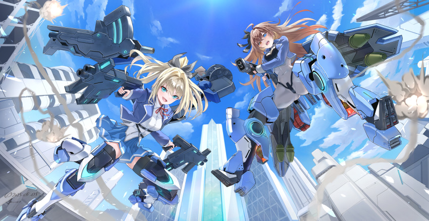 2girls, ammo21204760, black_gloves, blonde_hair, blue_eyes, blue_jacket, blue_skirt, blue_sky
