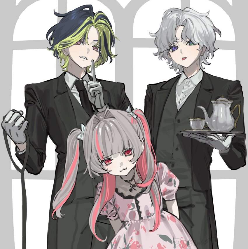 1girl, 2boys, absurdres, black_hair, black_necktie, black_pants, black_suit, black_vest