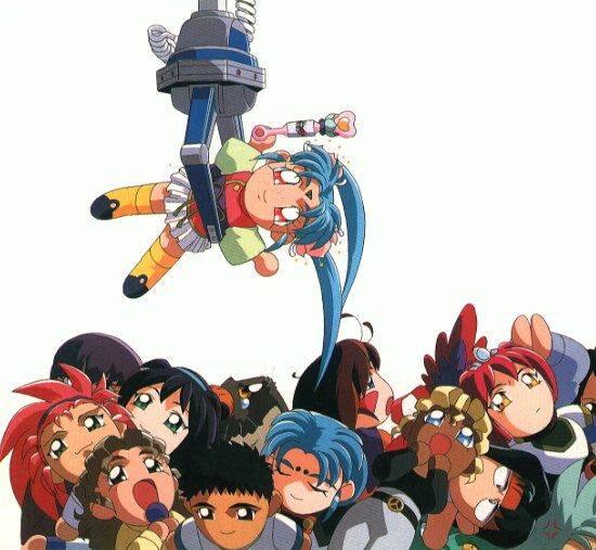 1990s_(style), amano_misao_(pretty_sammy), black_eyes, black_hair, blue_hair, crane_game, dark_skin, doll, green_eyes, hakubi_washuu, kawai_chihiro, kawai_sasami, kiyone_yuri, kuramitsu_mihoshi, long_hair, lying, mahou_shoujo_pretty_sammy, makibi_kiyone, masaki_aeka_jurai, masaki_sasami_jurai, masaki_tenchi, mother_and_child, mother_and_daughter, on_back, parent_and_child, pink_eyes, pretty_sammy, pretty_sammy_(character), ramia_(mahou_shoujo_pretty_sammy), red_hair, retro_artstyle, rumiya, ryou-ouki, ryouko_(tenchi_muyou!), simple_background, smile, tenchi_muyou!