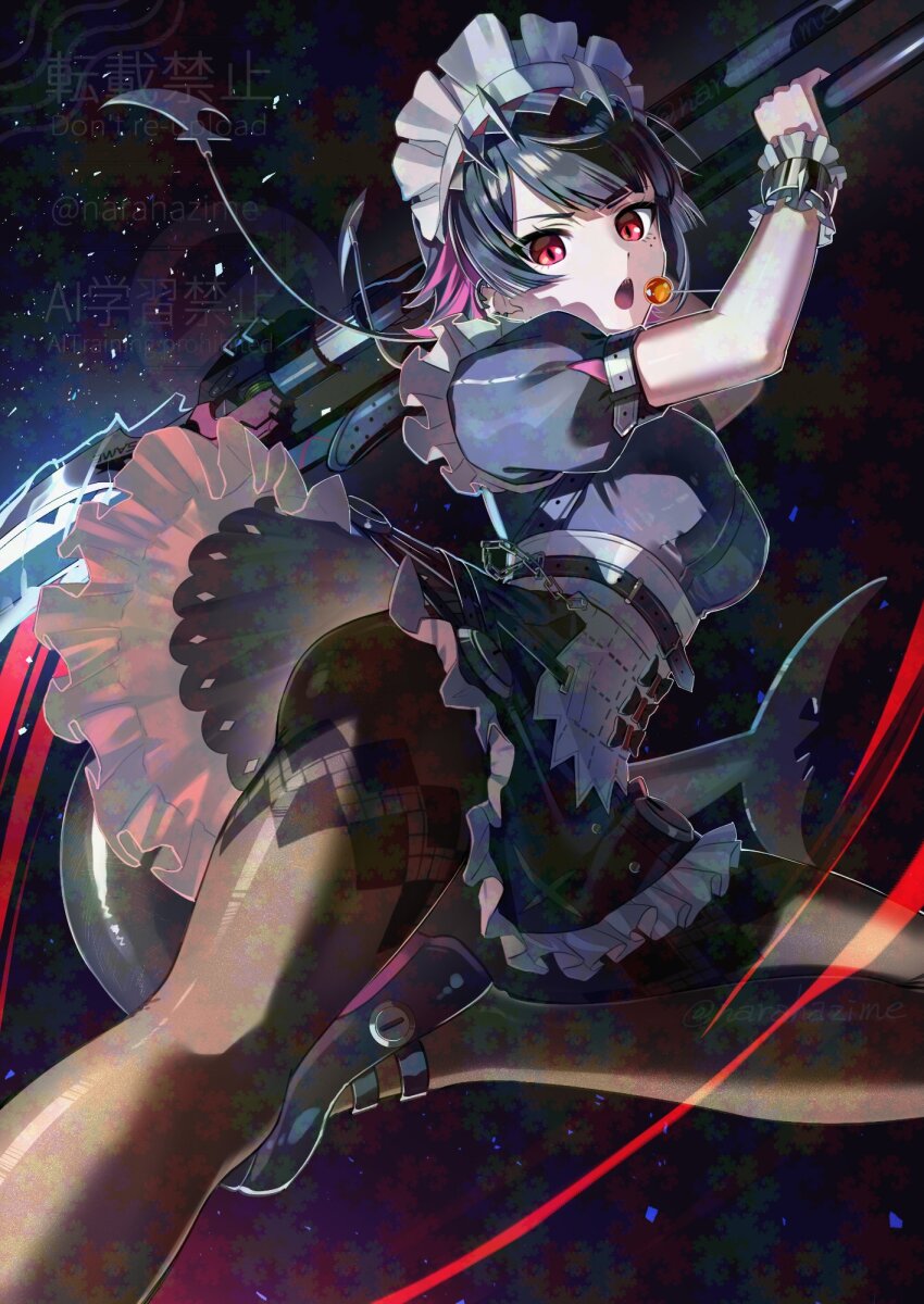 1girl, black_dress, black_hair, black_pantyhose, black_shoes, candy, colored_inner_hair, dress