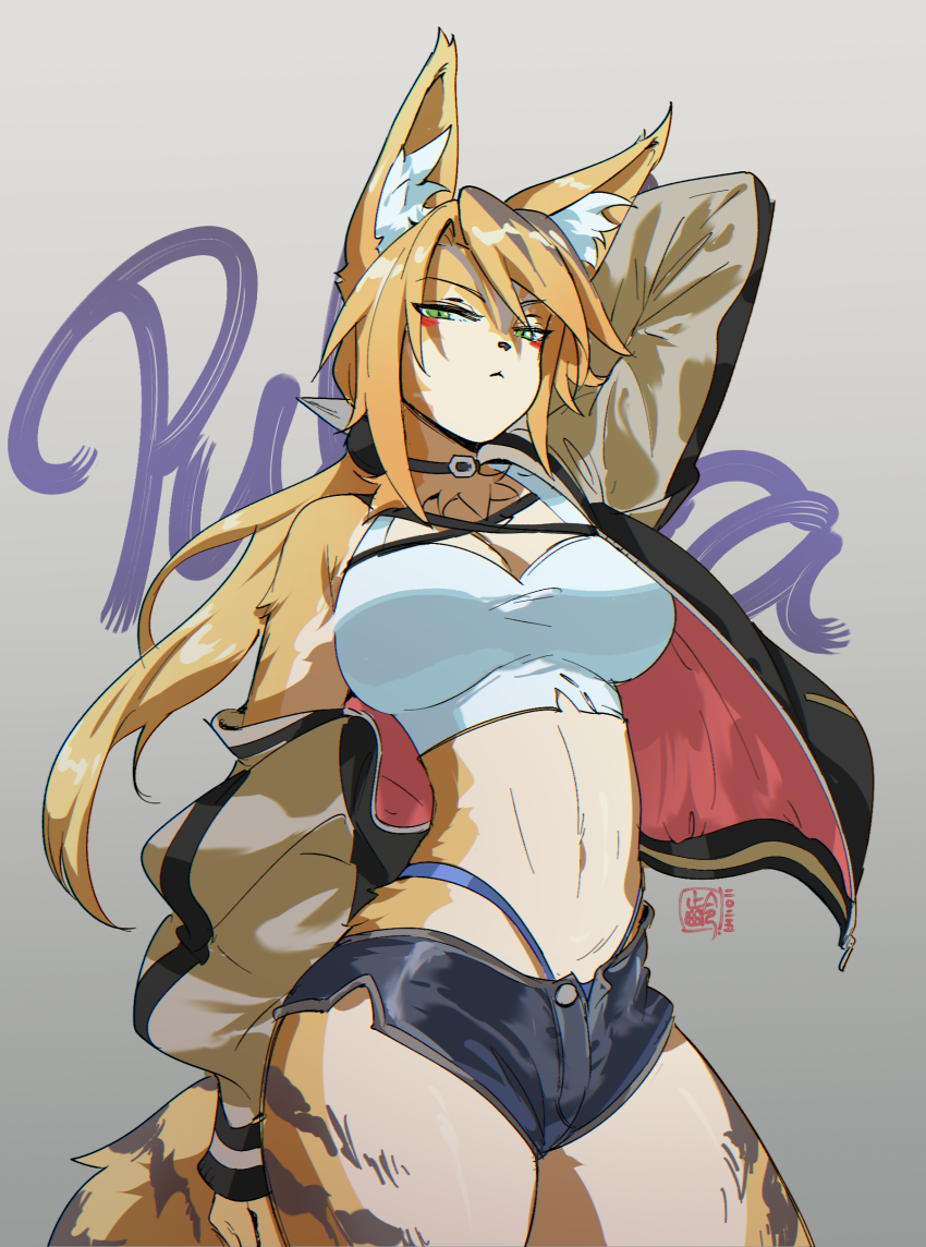 1girl, absurdres, animal_ear_fluff, animal_ears, arm_up, black_choker, black_jacket, blue_shorts, body_fur, breasts, cat_ears, cat_girl, cat_tail, character_name, choker, closed_mouth, furry, furry_female, green_eyes, highres, jacket, jody_tseng, large_breasts, long_hair, looking_at_viewer, parted_bangs, ponytail, pulchra_fellini, shirt, shorts, solo, tail, white_shirt, yellow_fur, zenless_zone_zero