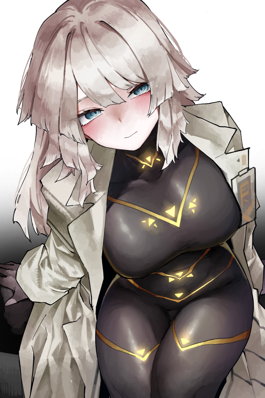 1girl, absurdres, alternate_costume, black_background, black_bodysuit, blue_eyes, bodysuit, breasts, cesara_(project_moon), closed_mouth, coat, cropped_legs, faust_(project_moon), gradient_background, hair_between_eyes, highres, id_card, lab_coat, lapels, large_breasts, limbus_company, long_hair, looking_at_viewer, notched_lapels, open_clothes, open_coat, p_corp_uniform, project_moon, sitting, solo, vivo_(vivo_sun_0222), white_background, white_coat, white_hair