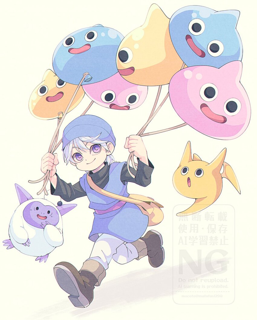 1boy, 29qmatatavi, 2others, aged_down, bag, balloon, black_shirt, blue_hat