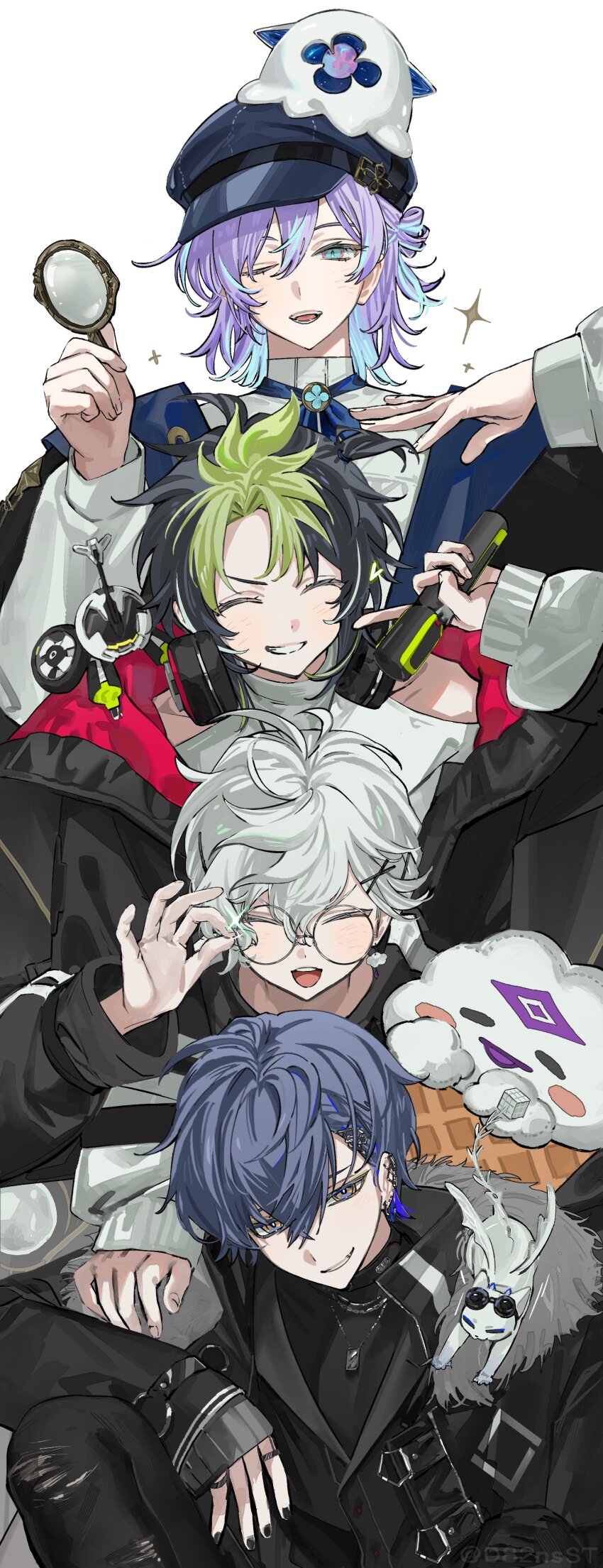 4boys, absurdres, aqua_eyes, black_hair, black_hat, black_jacket, black_nails, blue_eyes