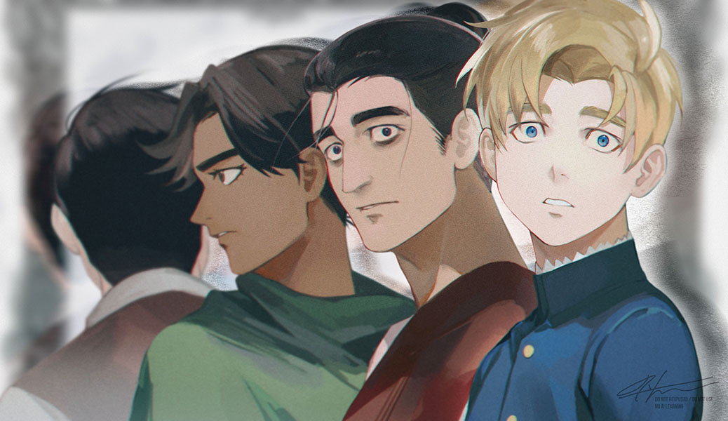 1girl, 3boys, albert_brudzewski_(chi.), bags_under_eyes, black_eyes, black_hair, blonde_hair, blue_eyes