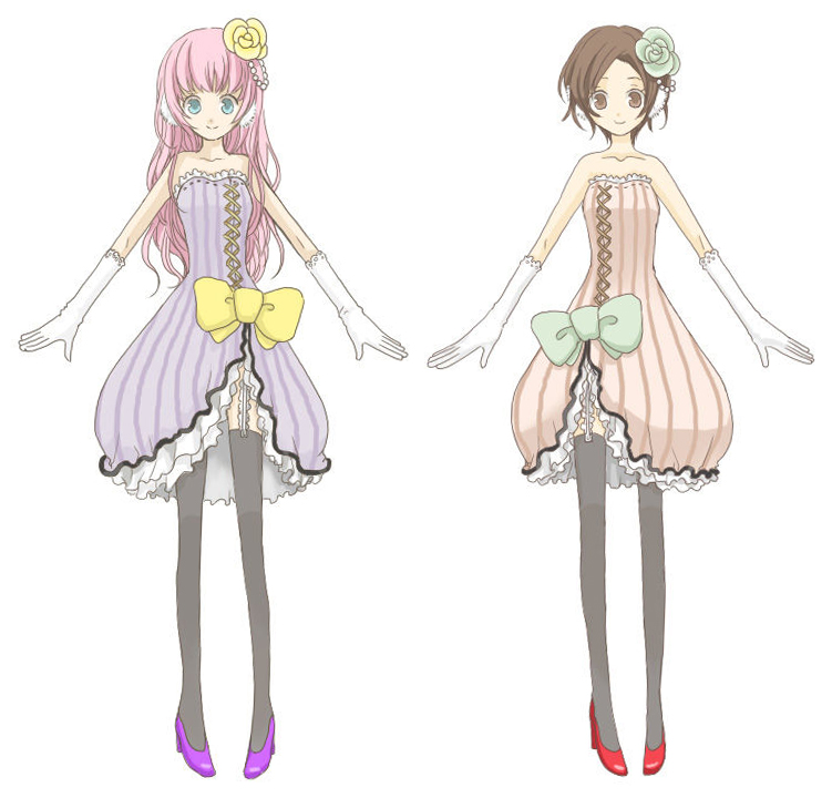 2girls, alternate_hairstyle, bare_shoulders, blue_eyes, brown_eyes, brown_hair, colorful_x_sexy_(vocaloid), concept_art, dress, gloves, hair_ornament, high_heels, long_hair, megurine_luka, meiko_(sexy_pudding)_(vocaloid), meiko_(vocaloid), multiple_girls, nezuki, pink_hair, project_diva, project_diva_(series), project_diva_2nd, project_diva_extend, purple_footwear, red_footwear, ribbon, shoes, short_hair, smile, strapless, strapless_dress, thighhighs, vocaloid