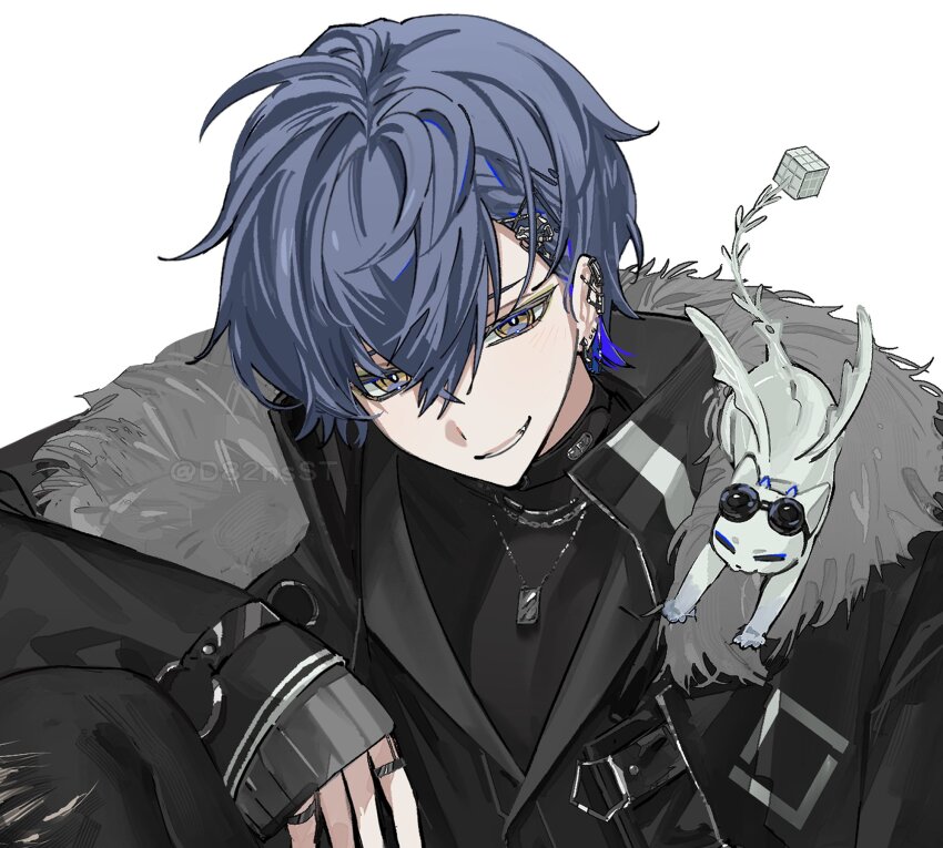 1boy, black_jacket, black_shirt, blue_eyes, blue_hair, braid, cat, ear_piercing, fur_collar, grin, hair_ornament, highres, jacket, jewelry, koyanagi_rou, looking_at_viewer, male_focus, necklace, nijisanji, piercing, ring, shirt, short_hair, simple_background, smile, solo, upper_body, virtual_youtuber, wasabi_(d82nsst), white_background, white_cat