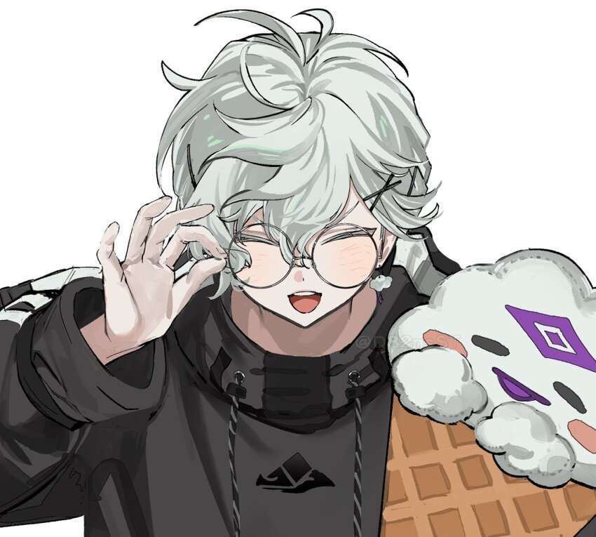 1boy, :d, black_sweater, closed_eyes, cloud_earrings, earrings, facing_viewer, glasses