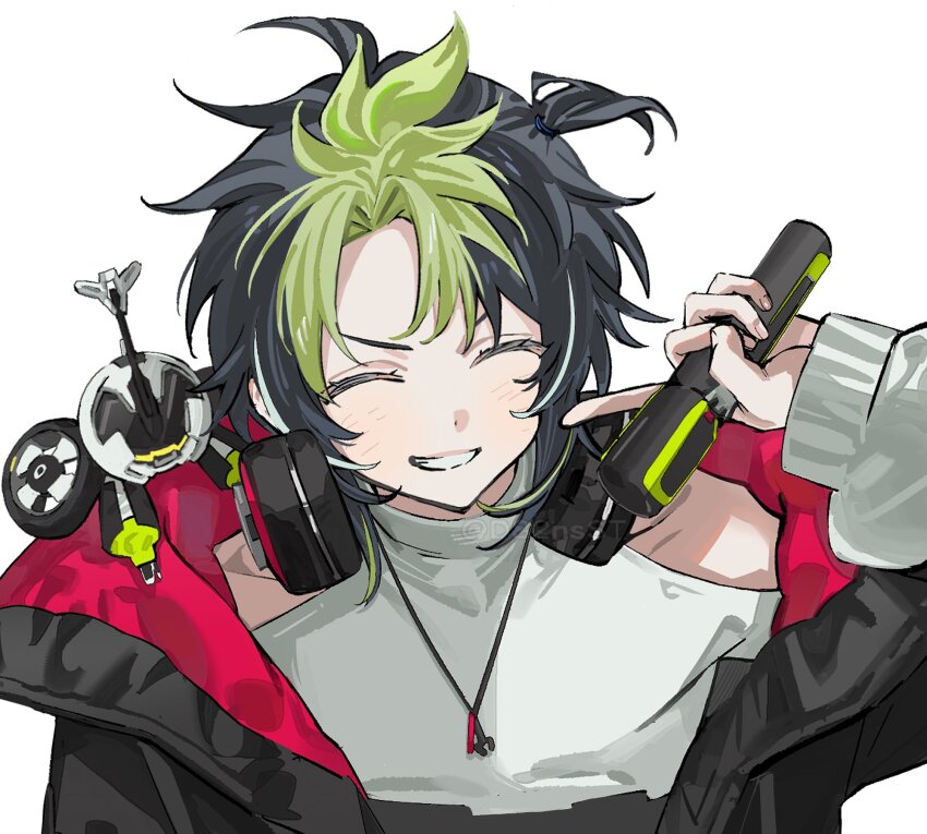 1boy, black_hair, black_jacket, closed_eyes, curtained_hair, facing_viewer, green_hair, grin, headphones, highres, holding, inami_rai, jacket, jewelry, male_focus, multicolored_hair, necklace, nijisanji, shirt, short_hair, simple_background, smile, solo, two-tone_hair, upper_body, v-shaped_eyebrows, virtual_youtuber, wasabi_(d82nsst), white_background, white_shirt