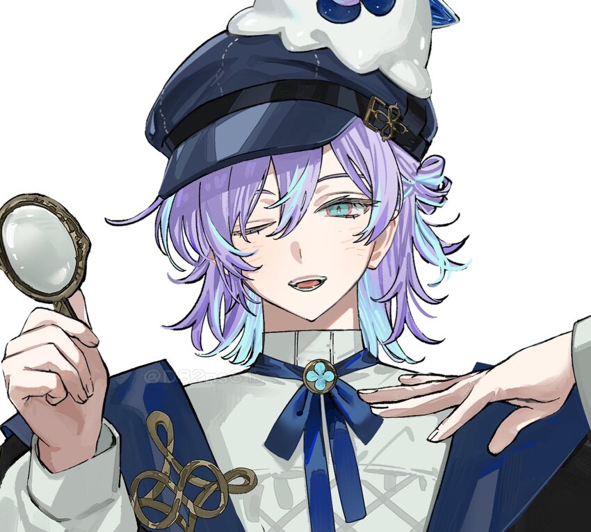 1boy, aqua_eyes, black_hat, blue_hair, blue_ribbon, collared_shirt, colored_inner_hair, hair_between_eyes