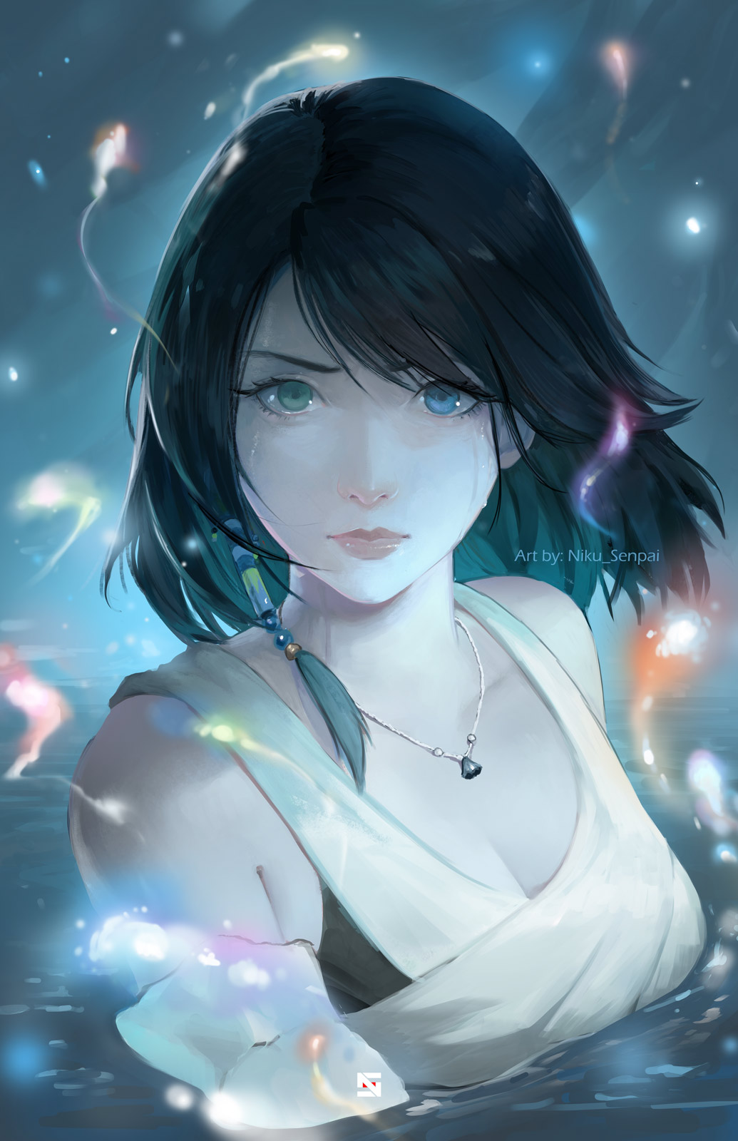 1girl, artist_name, bare_shoulders, blue_eyes, breasts, brown_hair, cleavage, commentary