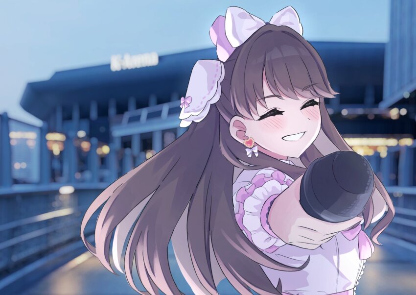 1girl, blurry, blurry_background, blush, bow, bow_earrings, brown_hair, commentary_request