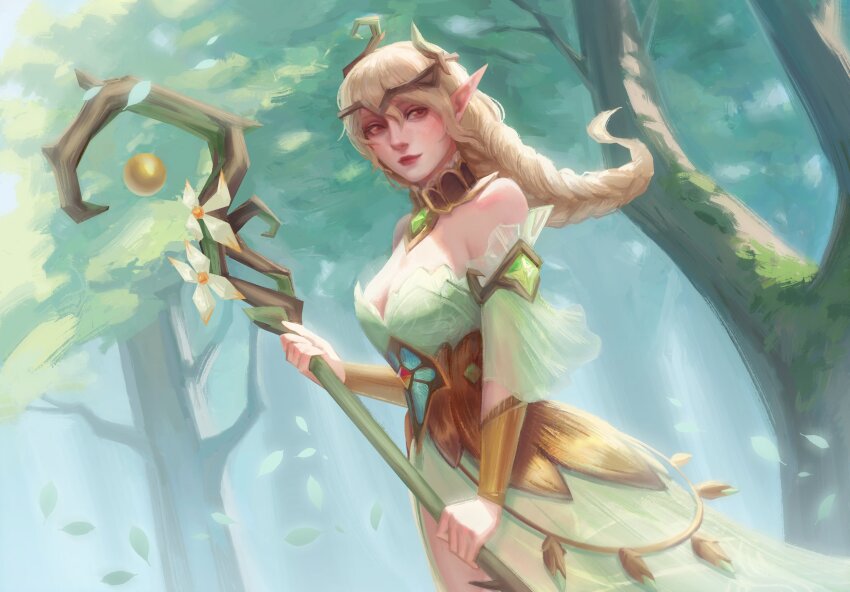 1girl, afk_(series), afk_journey, bare_shoulders, blonde_hair, braid, breasts, brown_eyes