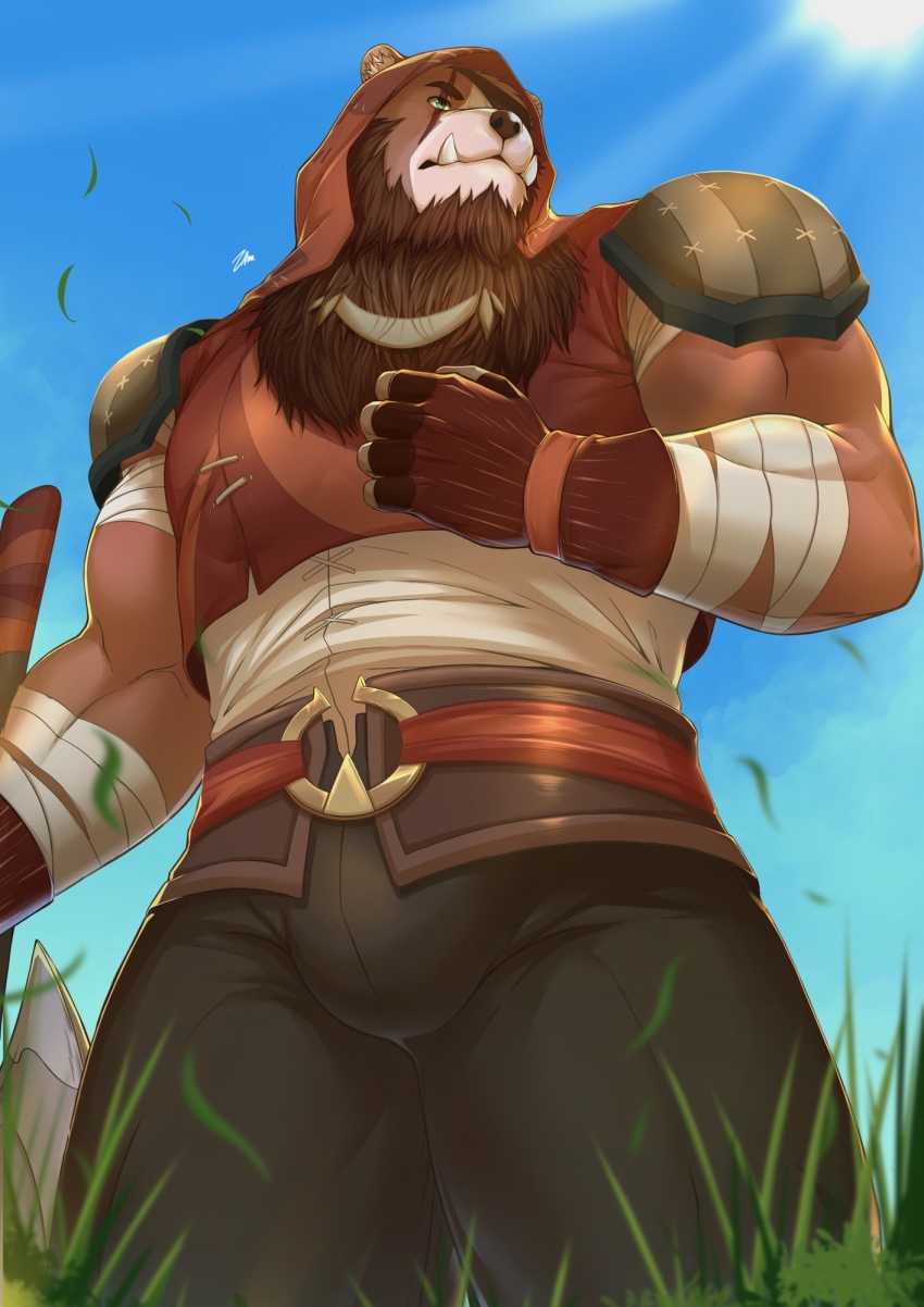 1boy, afk_(series), afk_journey, animal_ears, armor, axe, bandaged_arm, bandages