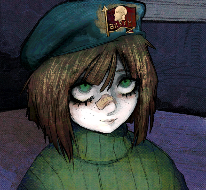 1girl, aqua_hat, bandaid, bandaid_on_face, bandaid_on_nose, beret, brown_hair, colored_skin, commentary, communism, crimescenepartz, dark_room, english_commentary, faux_traditional_media, freckles, green_eyes, green_sweater, hair_between_eyes, hat, hat_pin, highres, indoors, kasia_(peripeteia), lips, lower_eyelashes_only, medium_hair, painterly, peripeteia, portrait, purple_background, russian_text, sketch, smile, solo, soviet, sweater, translated, turtleneck, turtleneck_sweater, upturned_eyes, vladimir_lenin, white_skin