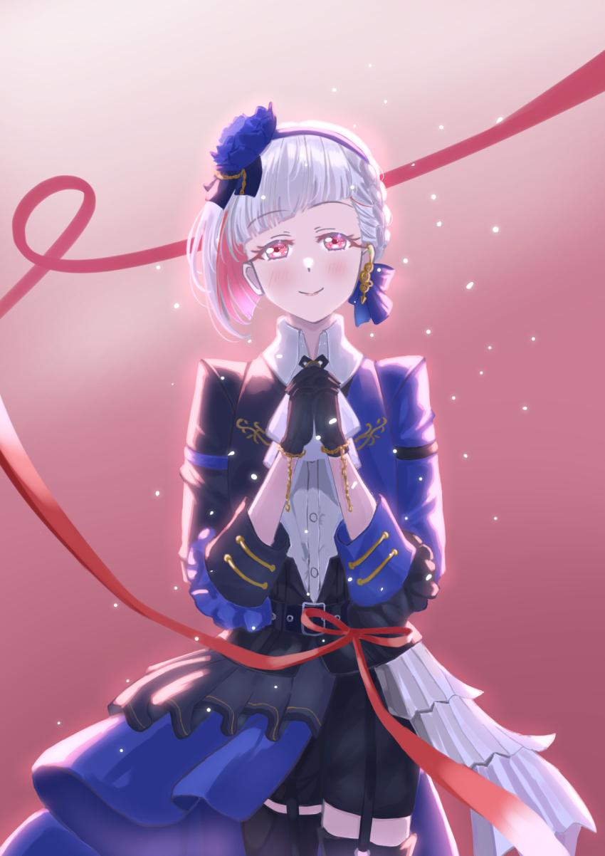 1girl, 4th_live_dream_~bloom_the_dream_believers~, black_jacket, black_shorts, blue_flower, blue_hairband, blue_jacket, blue_rose