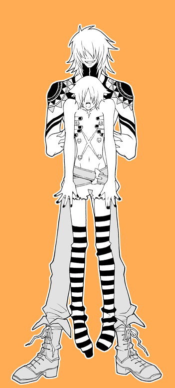 2boys, boots, gunji, kau, long_hair, male_focus, multiple_boys, piercing