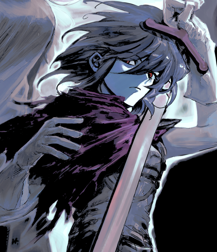 1other, bandage_player, black_background, blue_hair, deltarune, holding, holding_sword, holding_weapon, kris_(dark_world)_(deltarune), kris_(deltarune), looking_at_viewer, other_focus, pink_scarf, red_eyes, scarf, short_hair, solo, sword, upper_body, utdr_(toby_fox), weapon