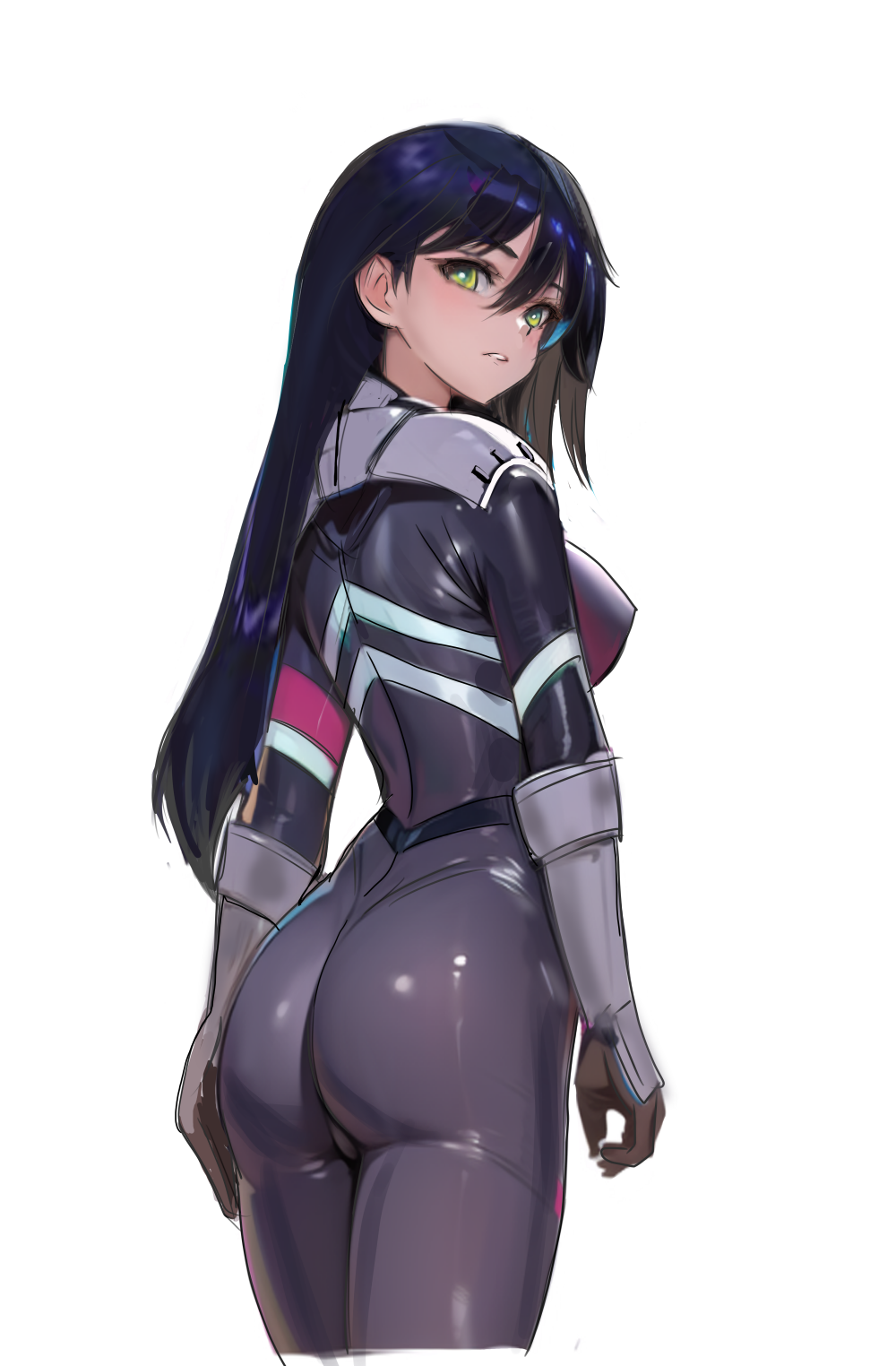 1girl, ass, black_bodysuit, blush, bodysuit, breasts, cropped_legs, from_behind
